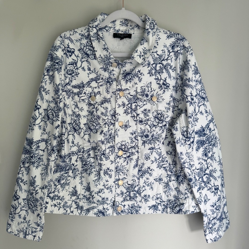 Talbots Plus Denin Jean Jacket White Blue Toile Floral Bird Print Size 2X